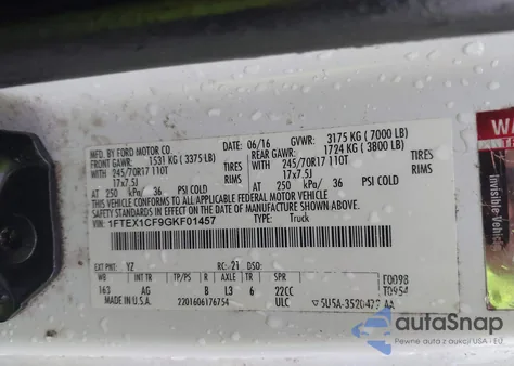 2016 Ford F-150 Xl из США, поврежденный, VIN 1FTEX1CF9GKF01457